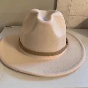 Fedora - Cream colored Sophisticated Fedora Hat with tan belted trim